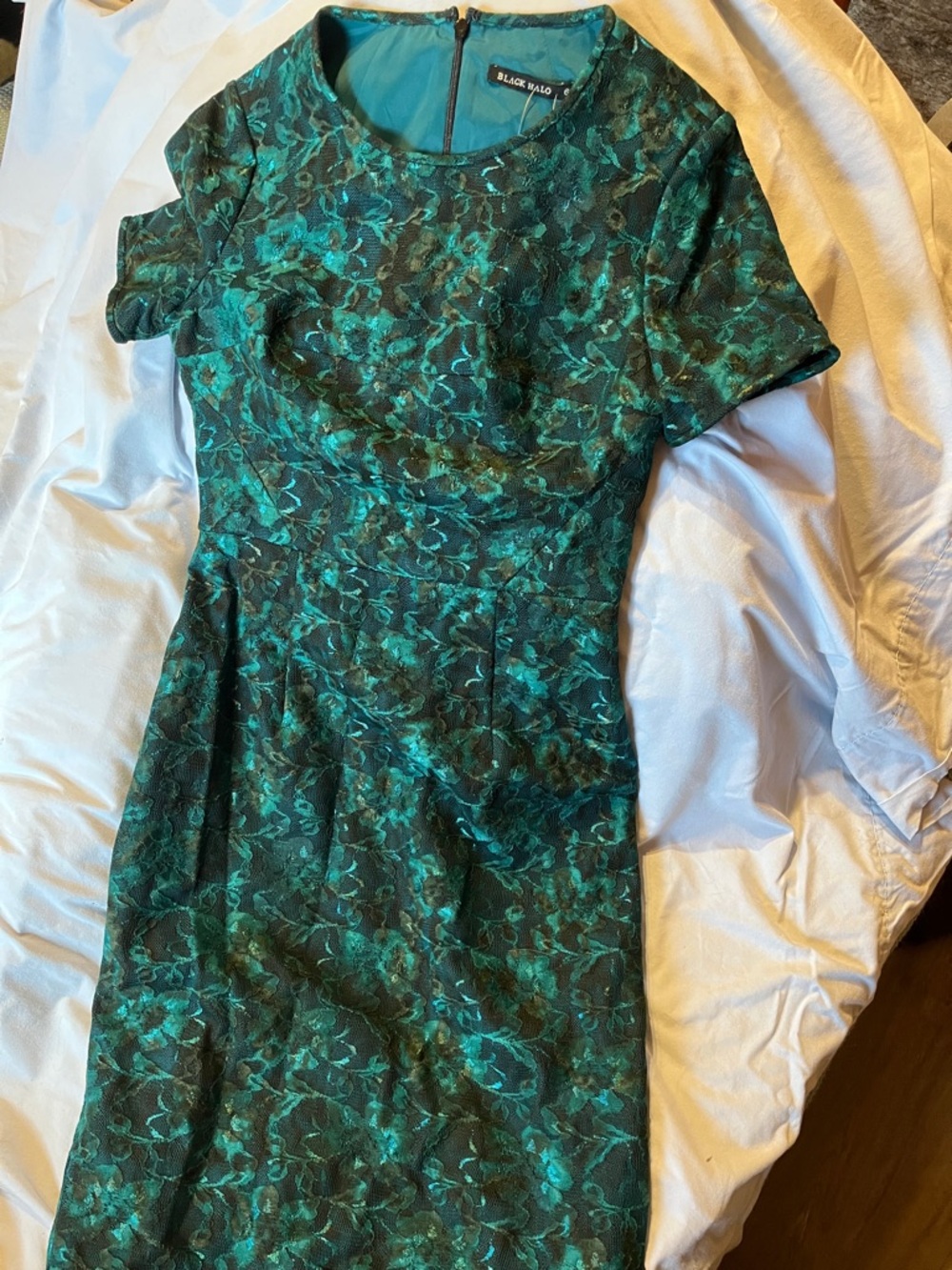 Black Halo Teal Floral Jacquard Midi Sheath Dress